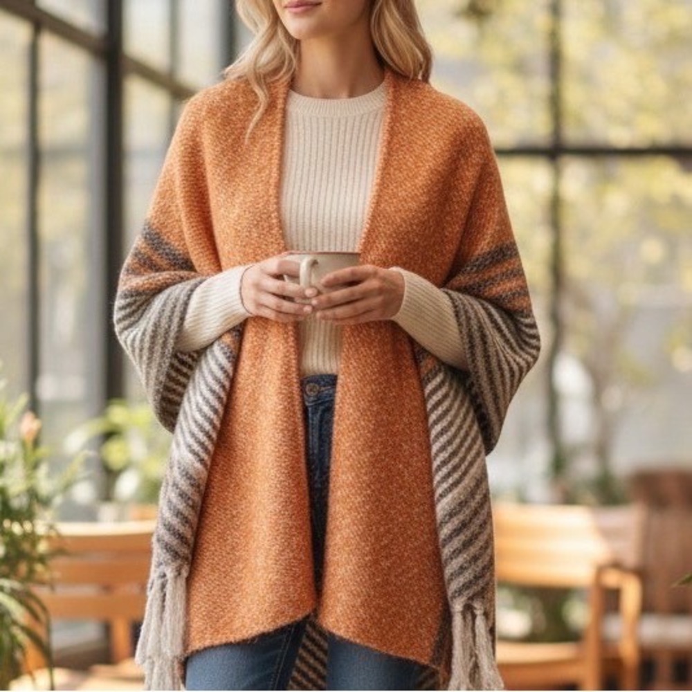 NWOT Raj Orange Gray Creme Women's Fringe Poncho One Size